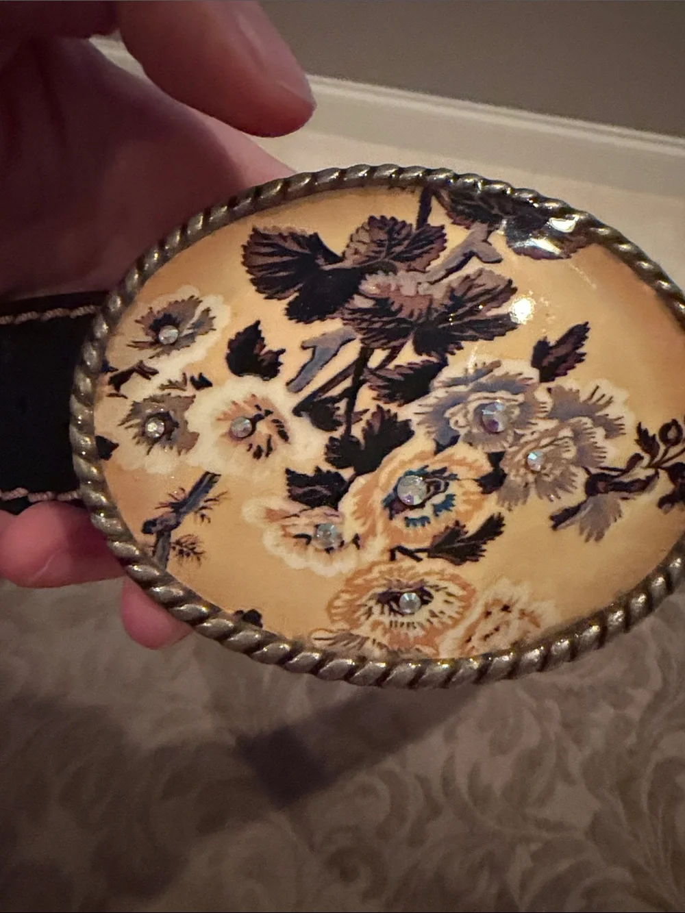 Hand-crafted Black Leather Belt with Yellow Floral Oval Buckle